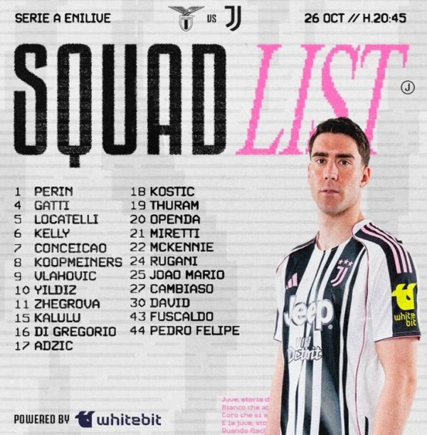 尤文意甲对拉齐奥名单：伊尔迪兹领衔，DV9、小孔塞桑在列